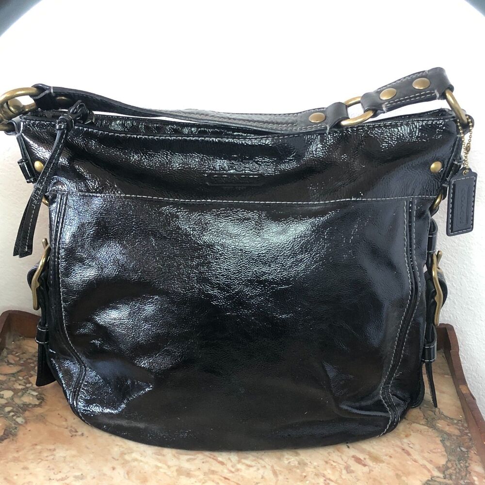 Coach Zoe Crinkled Patent Leather Hobo Bag Zip Purple Interior NWOT